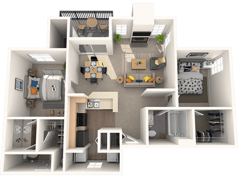 Floor plan for 2 beds, 2 baths, 1049 sqft